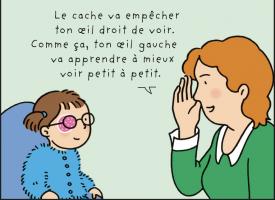 Enfant avec un cache. L'ophtalmologiste lui explique son fonctionnement.