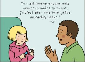 Un ophtalmologiste explique à une enfant que son traitement avec un cache fonctionne bien