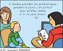 Un médecin explique à un enfant qu'il doit prendre tous ses antibiotiques